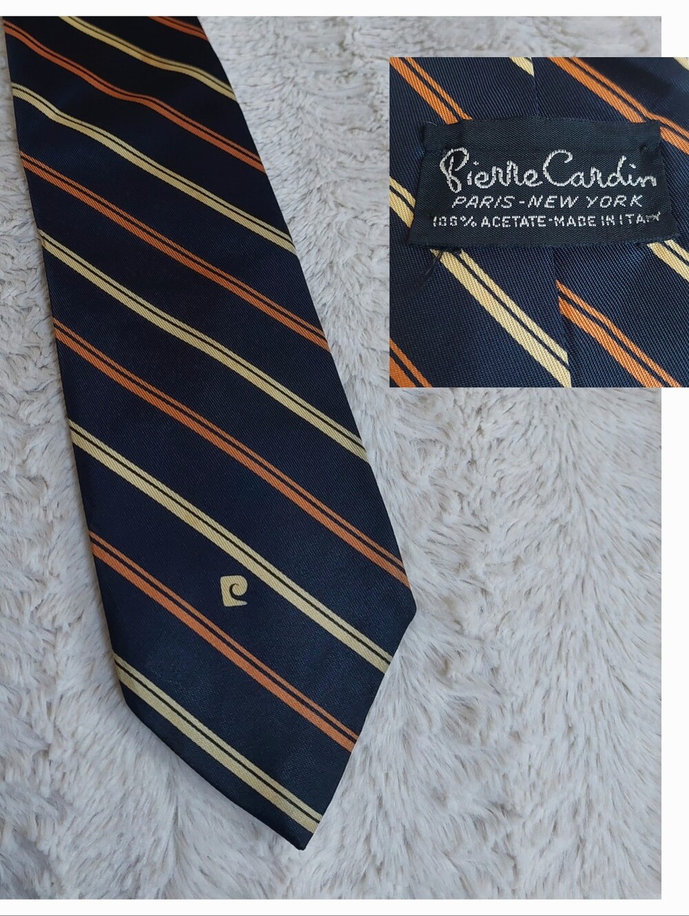 Pierre Cardin Men's Navy Tie with Orange Gold Diagonal Stripes